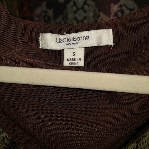 Liz Claiborne green brown sweater has 3/4 sleeves sheer animal print abstract - Picture 2 of 5